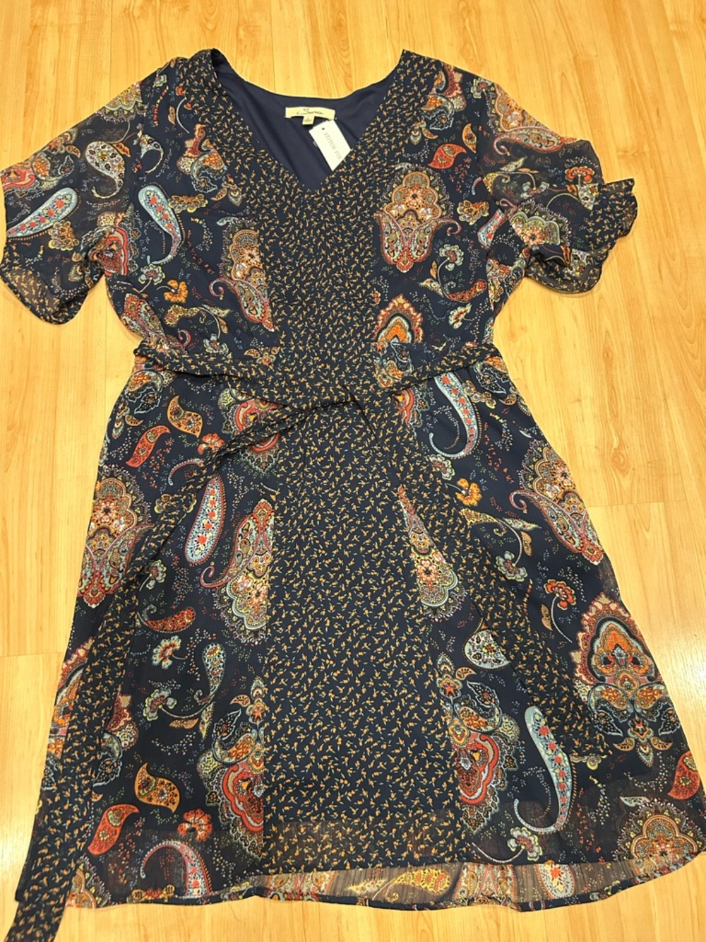 Navy Paisley Short Sleeve Tie-Waist Dress